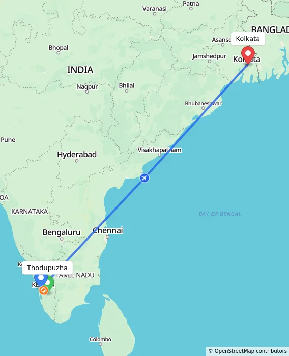 Route map showing distance and travel time from Thodupuzha, India to Kolkata, India
