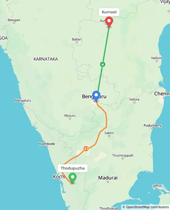 Route map showing distance and travel time from Thodupuzha, India to Kurnool, India