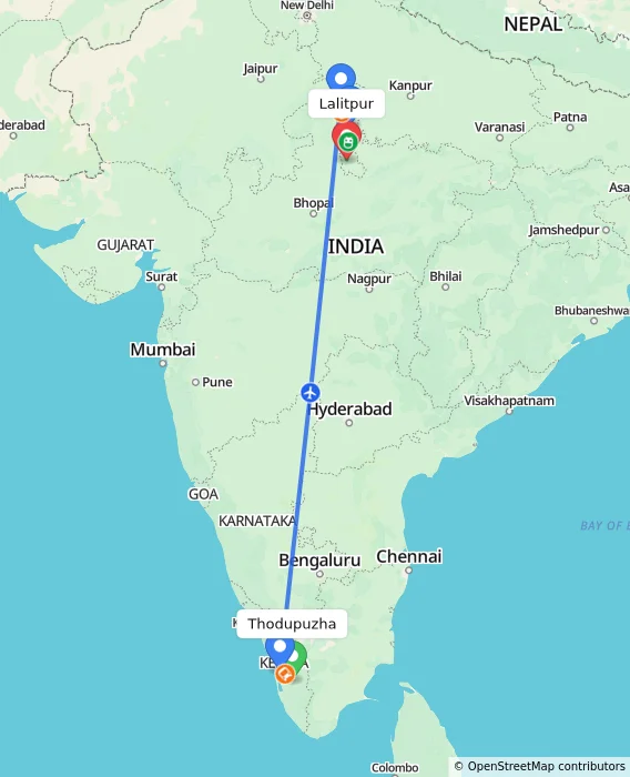 Route map showing distance and travel time from Thodupuzha, India to Lalitpur, India
