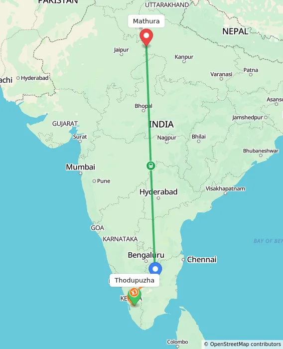 Route map showing distance and travel time from Thodupuzha, India to Mathura, India