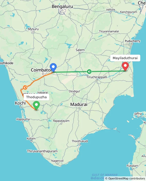 Route map showing distance and travel time from Thodupuzha, India to Mayiladuthurai, India
