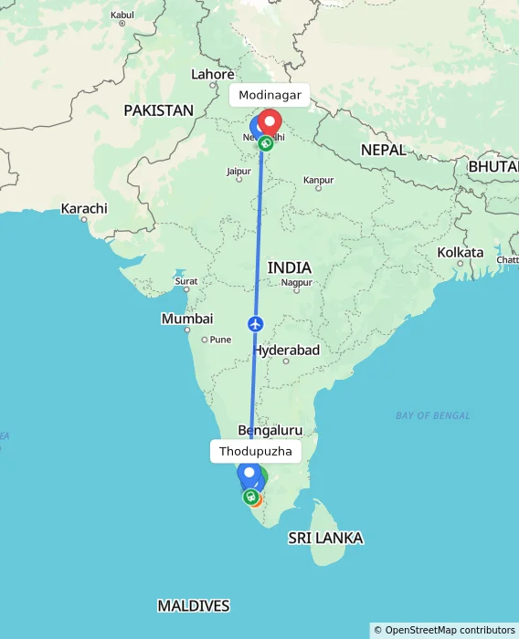 Route map showing distance and travel time from Thodupuzha, India to Modinagar, India