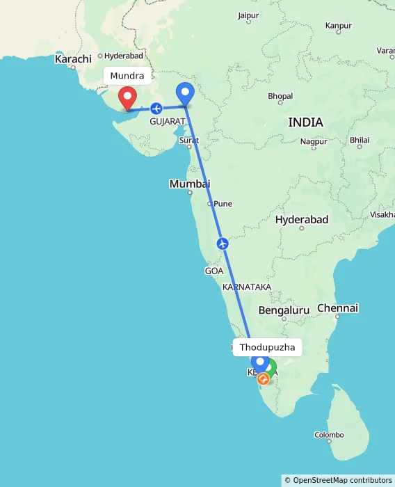 Route map showing distance and travel time from Thodupuzha, India to Mundra, India