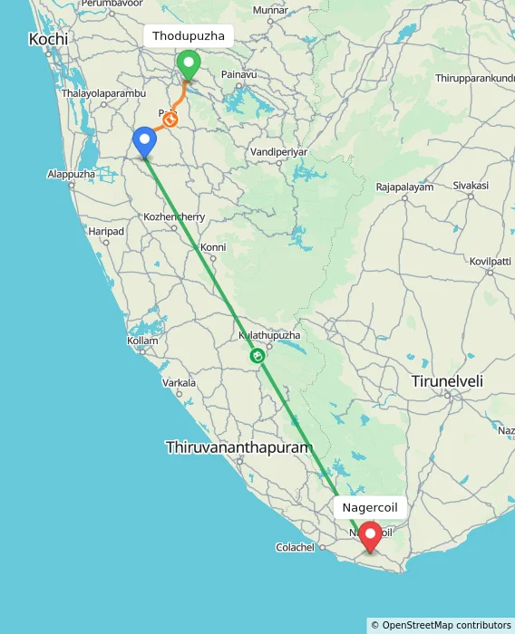 Route map showing distance and travel time from Thodupuzha, India to Nagercoil, India