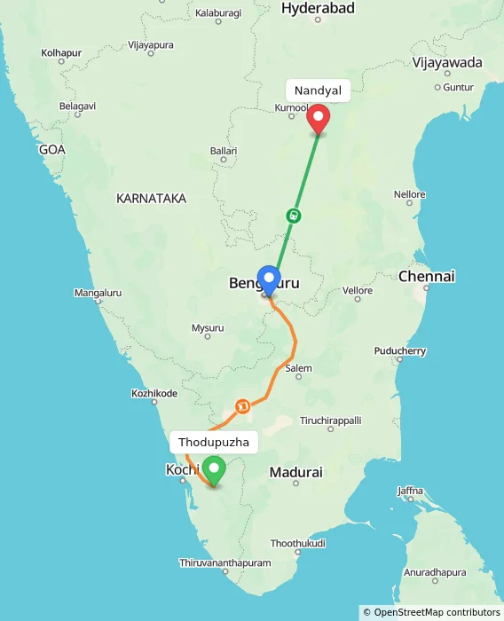 Route map showing distance and travel time from Thodupuzha, India to Nandyal, India
