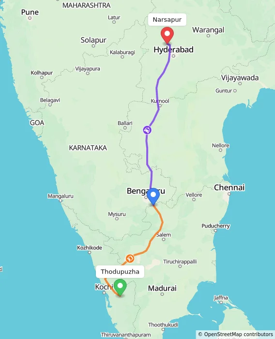 Route map showing distance and travel time from Thodupuzha, India to Narsapur, India