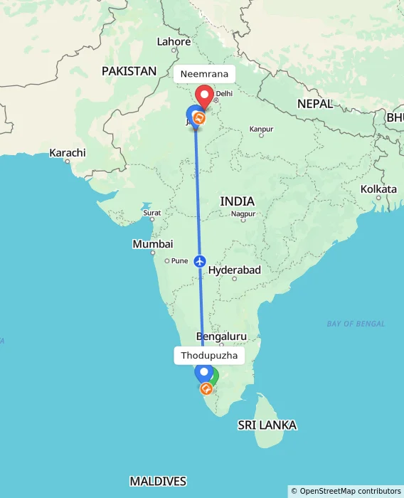 Route map showing distance and travel time from Thodupuzha, India to Neemrana, India