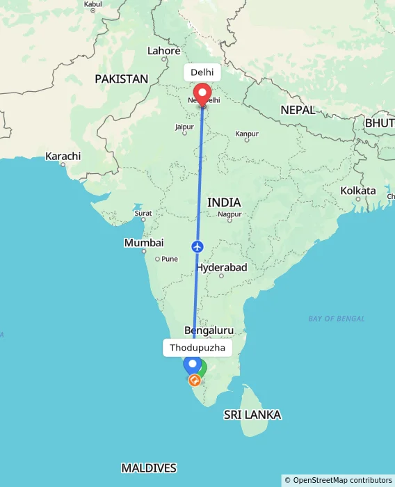 Route map showing distance and travel time from Thodupuzha, India to Delhi, India
