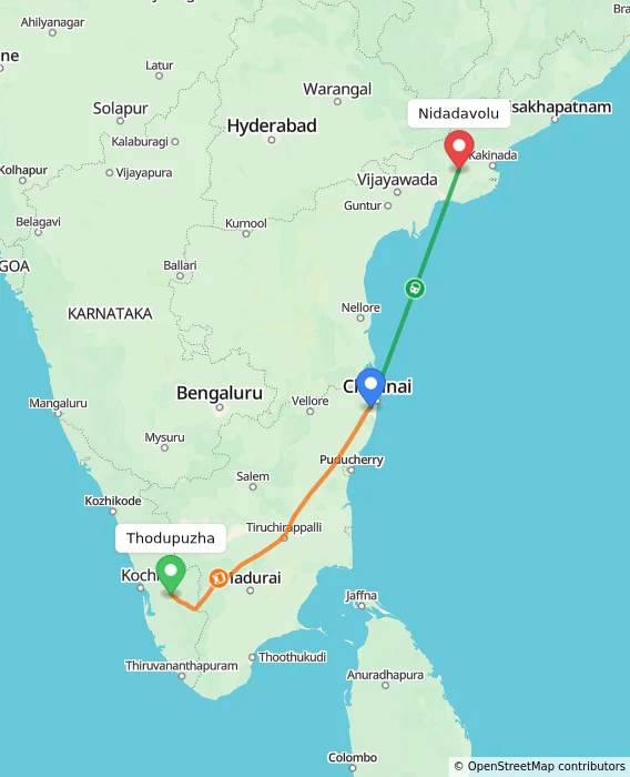 Route map showing distance and travel time from Thodupuzha, India to Nidadavolu, India