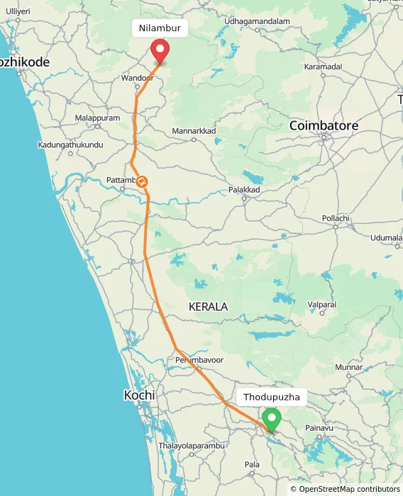 Route map showing distance and travel time from Thodupuzha, India to Nilambur, India