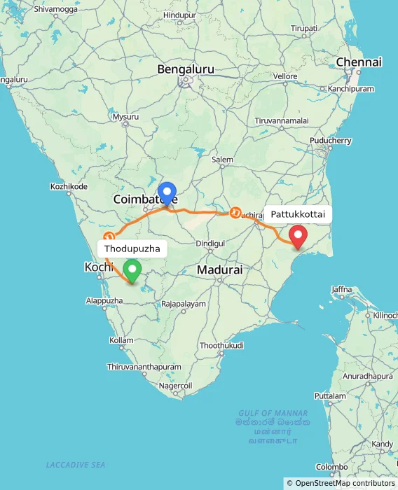 Route map showing distance and travel time from Thodupuzha, India to Pattukkottai, India