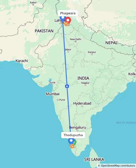 Route map showing distance and travel time from Thodupuzha, India to Phagwara, India