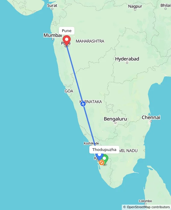 Route map showing distance and travel time from Thodupuzha, India to Pune, India