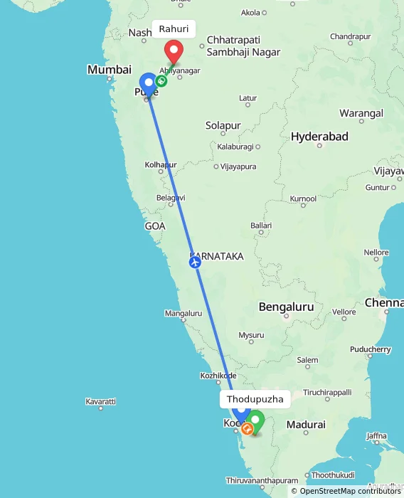 Route map showing distance and travel time from Thodupuzha, India to Rahuri, India