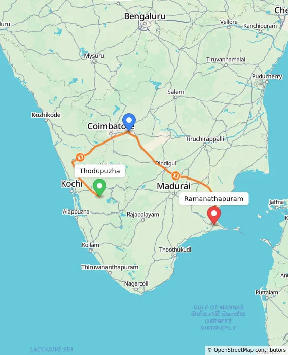 Route map showing distance and travel time from Thodupuzha, India to Ramanathapuram, India