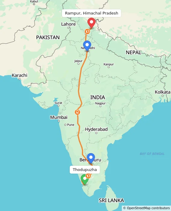 Route map showing distance and travel time from Thodupuzha, India to Rampur, Himachal Pradesh, India