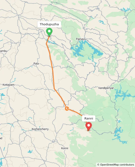 Route map showing distance and travel time from Thodupuzha, India to Ranni, India