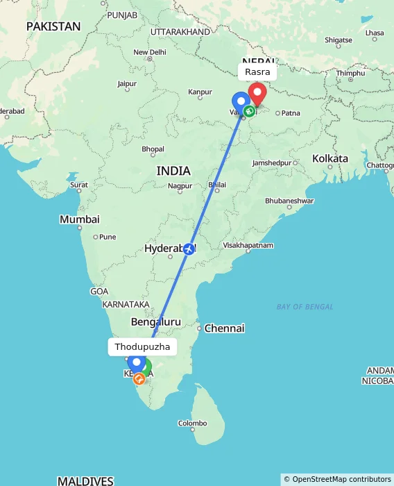 Route map showing distance and travel time from Thodupuzha, India to Rasra, India