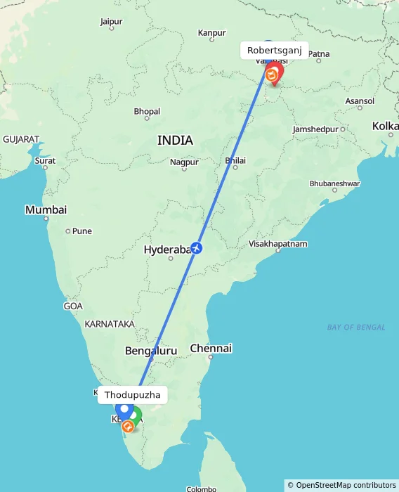 Route map showing distance and travel time from Thodupuzha, India to Robertsganj, India