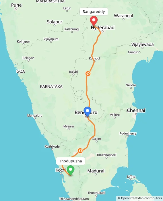 Route map showing distance and travel time from Thodupuzha, India to Sangareddy, India