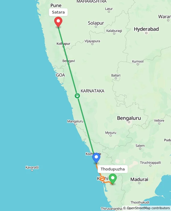 Route map showing distance and travel time from Thodupuzha, India to Satara, India