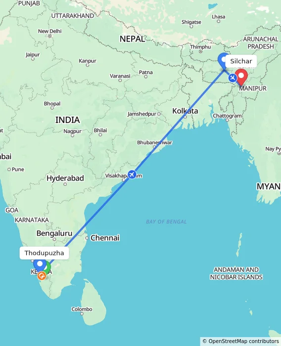 Route map showing distance and travel time from Thodupuzha, India to Silchar, India
