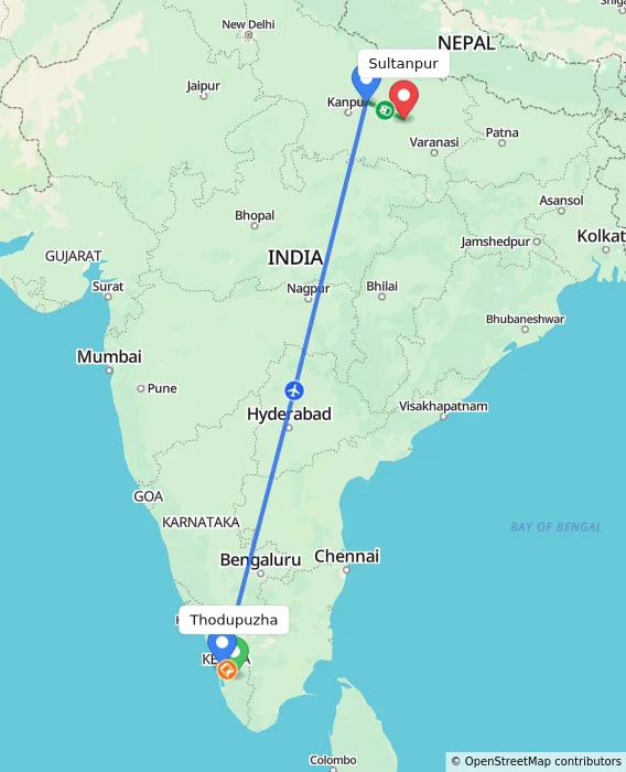 Route map showing distance and travel time from Thodupuzha, India to Sultanpur, India