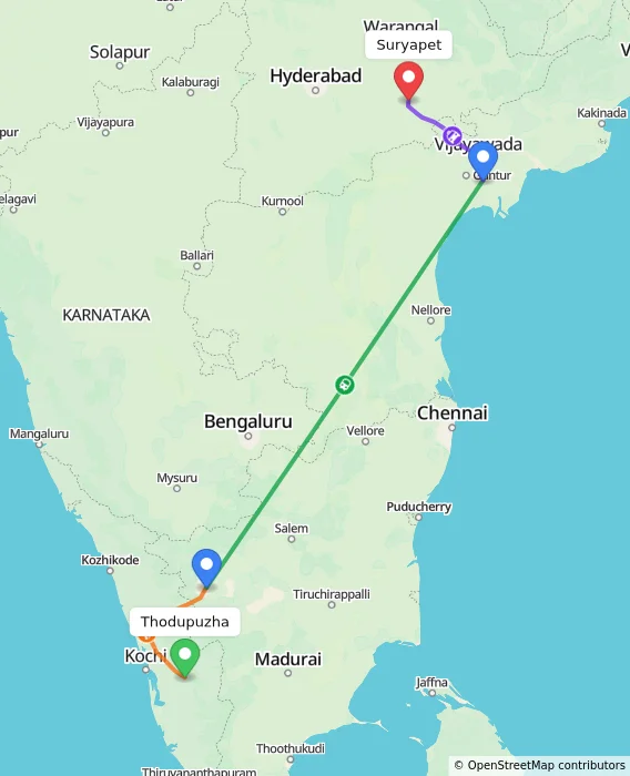 Route map showing distance and travel time from Thodupuzha, India to Suryapet, India
