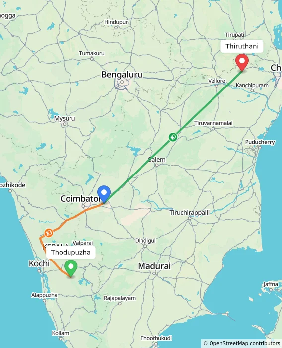 Route map showing distance and travel time from Thodupuzha, India to Thiruthani, India
