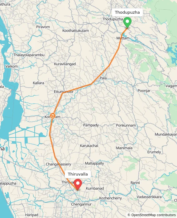 Route map showing distance and travel time from Thodupuzha, India to Thiruvalla, India