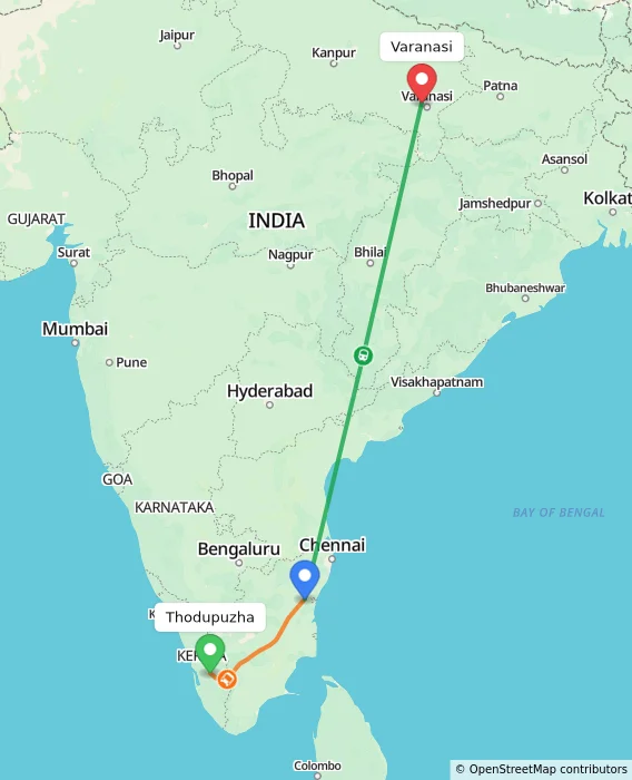 Route map showing distance and travel time from Thodupuzha, India to Varanasi, India
