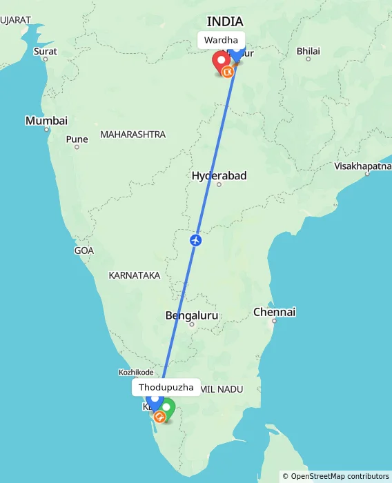 Route map showing distance and travel time from Thodupuzha, India to Wardha, India