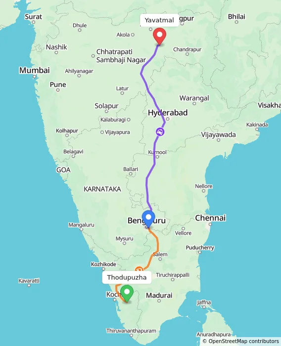 Route map showing distance and travel time from Thodupuzha, India to Yavatmal, India