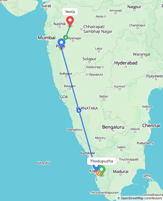 Route map showing distance and travel time from Thodupuzha, India to Yeola, India