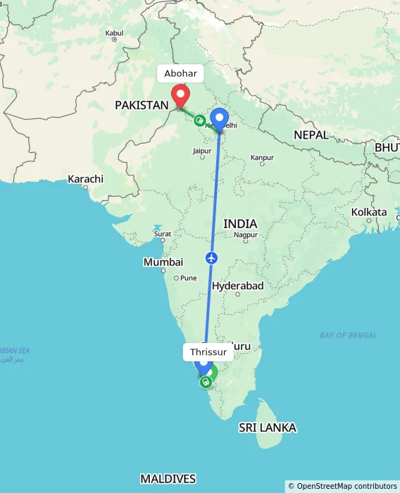 Route map showing distance and travel time from Thrissur, India to Abohar, India