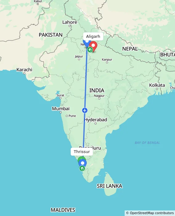 Route map showing distance and travel time from Thrissur, India to Aligarh, India