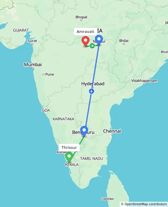 Route map showing distance and travel time from Thrissur, India to Amravati, India