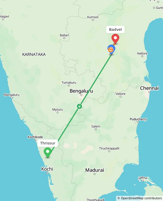 Route map showing distance and travel time from Thrissur, India to Badvel, India