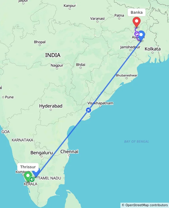 Route map showing distance and travel time from Thrissur, India to Banka, India