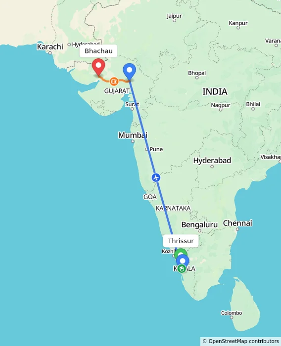 Route map showing distance and travel time from Thrissur, India to Bhachau, India