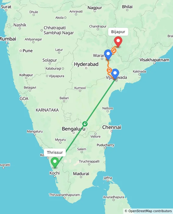Route map showing distance and travel time from Thrissur, India to Bijapur, India