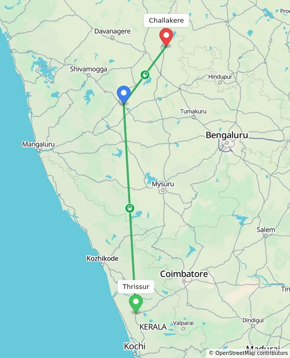 Route map showing distance and travel time from Thrissur, India to Challakere, India