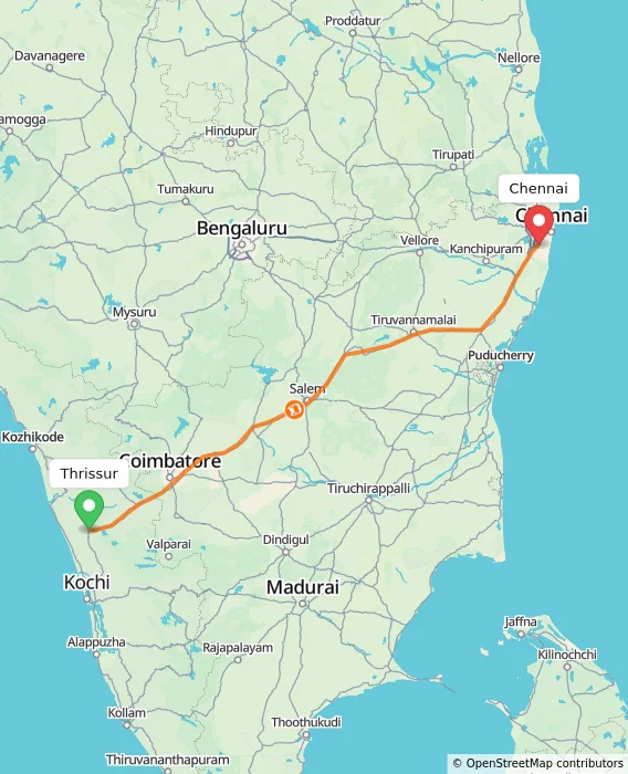 Route map showing distance and travel time from Thrissur, India to Chennai, India