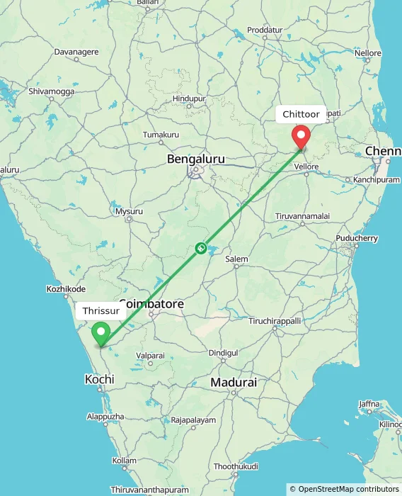 Route map showing distance and travel time from Thrissur, India to Chittoor, India