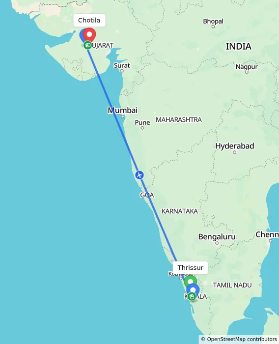 Route map showing distance and travel time from Thrissur, India to Chotila, India