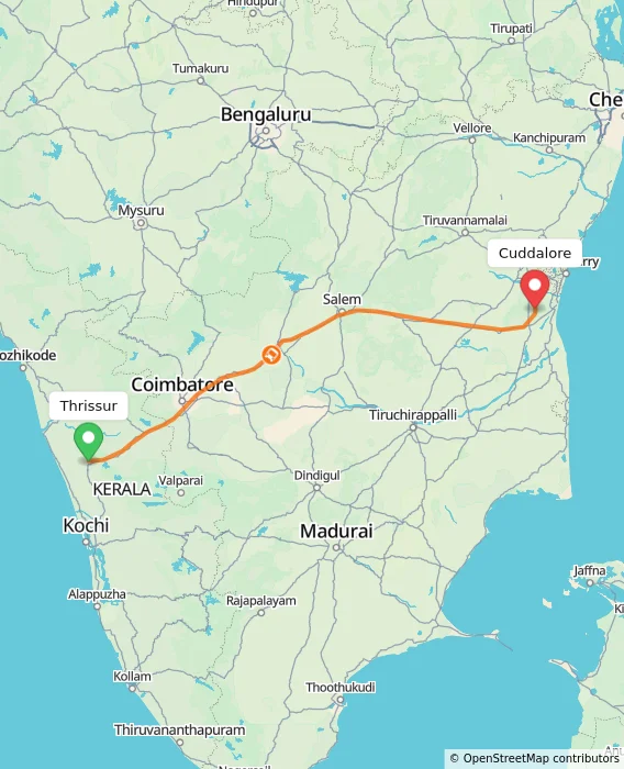 Route map showing distance and travel time from Thrissur, India to Cuddalore, India