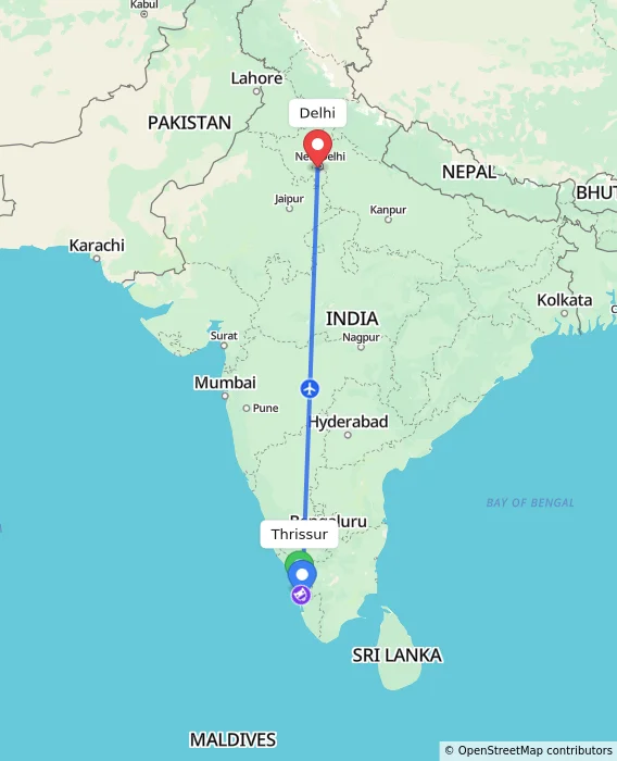 Route map showing distance and travel time from Thrissur, India to Delhi, India