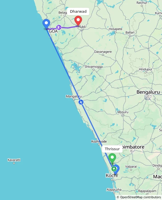 Route map showing distance and travel time from Thrissur, India to Dharwad, India