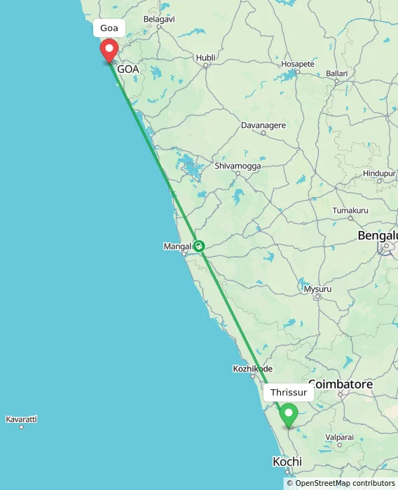Route map showing distance and travel time from Thrissur, India to Goa, India