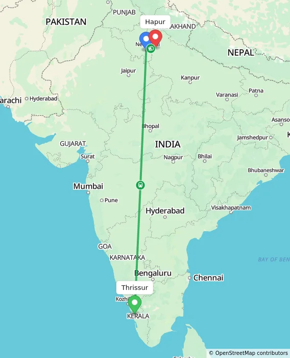 Route map showing distance and travel time from Thrissur, India to Hapur, India